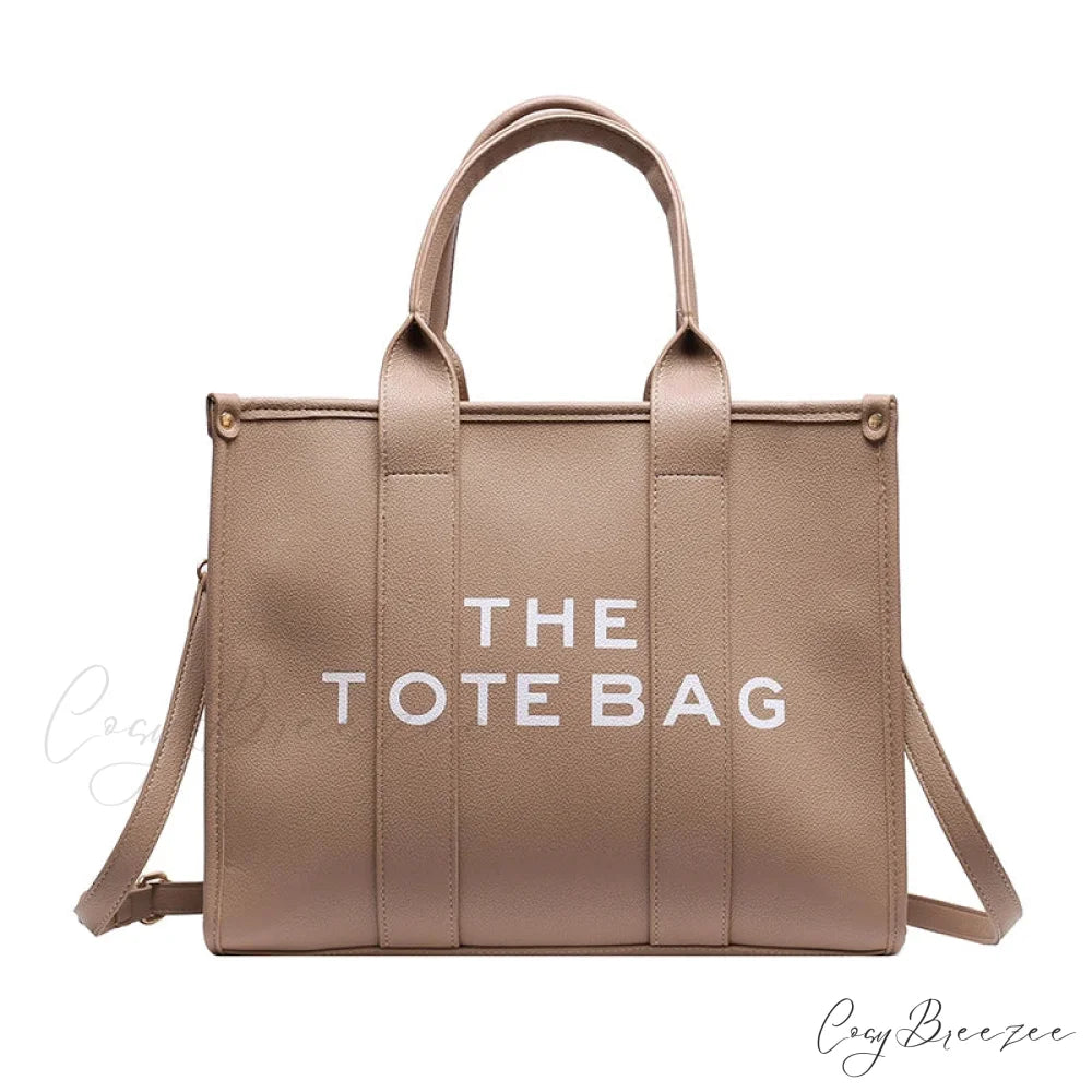 Letter Soft PU Leather Tote Shoulder Handbag Khaki / 35cm X 15cm X 28cm handbag-250126