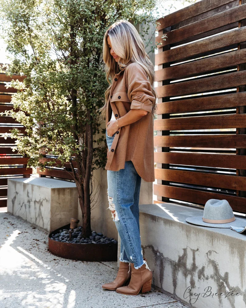 Lexie Cotton Blend Button Down Shirt Jacket - Camel