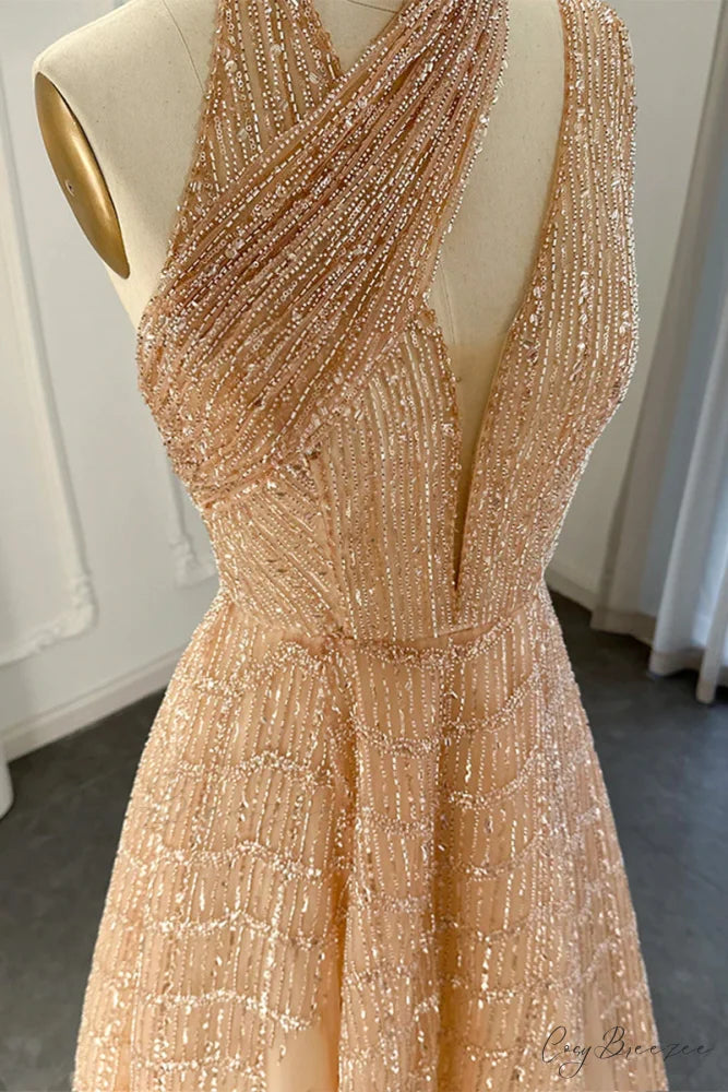 Lifelong Romance Beaded Trendy Sequin Halter Maxi Dress