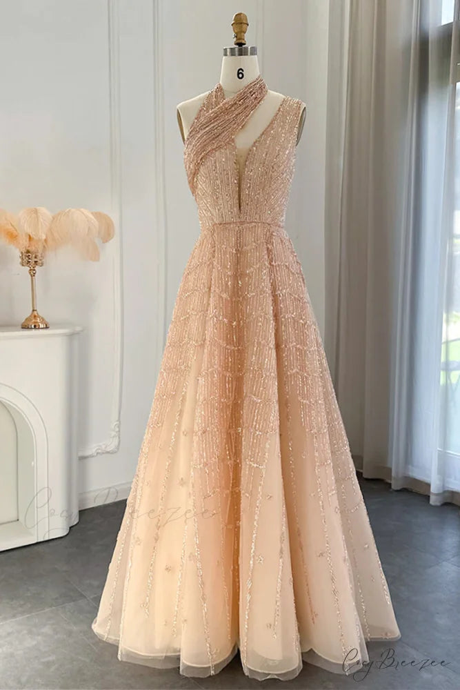 Lifelong Romance Beaded Trendy Sequin Halter Maxi Dress Champagne / 2