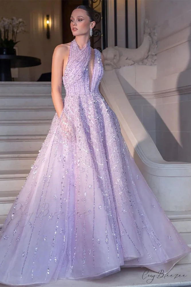Lifelong Romance Beaded Trendy Sequin Halter Maxi Dress Lilac / 2