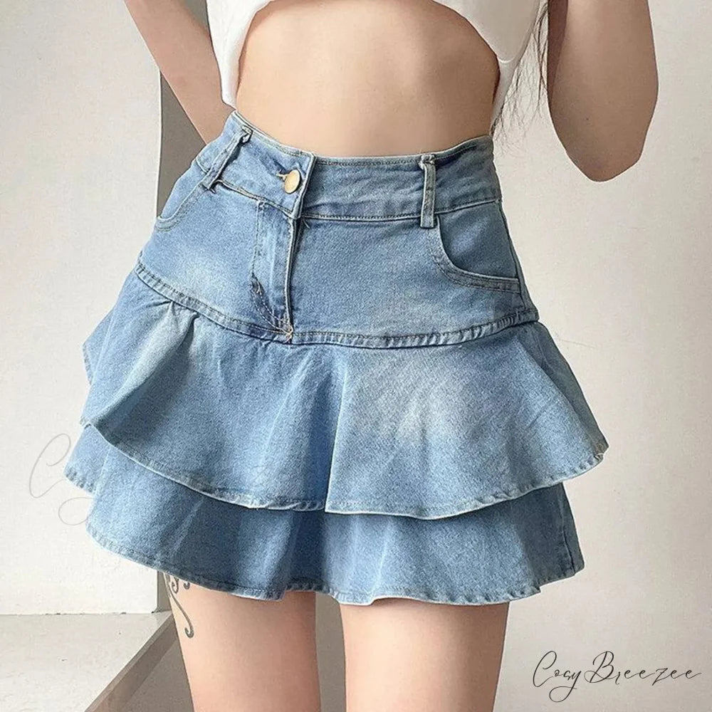 Light Blue Ruffled Denim Skirt skirts-250223