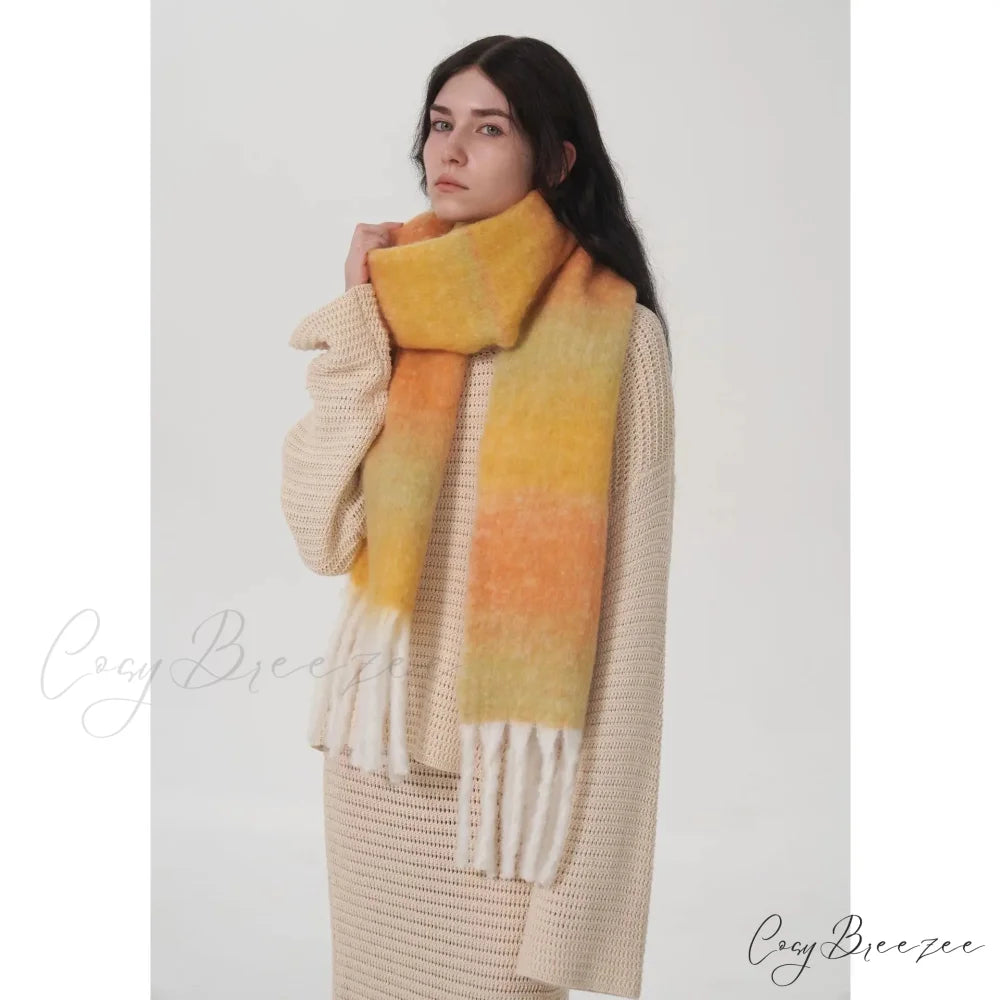 Light Luxury Gradient Color Wool Striped Fringed Mohair Scarf yellow orange / L221cm W24cm