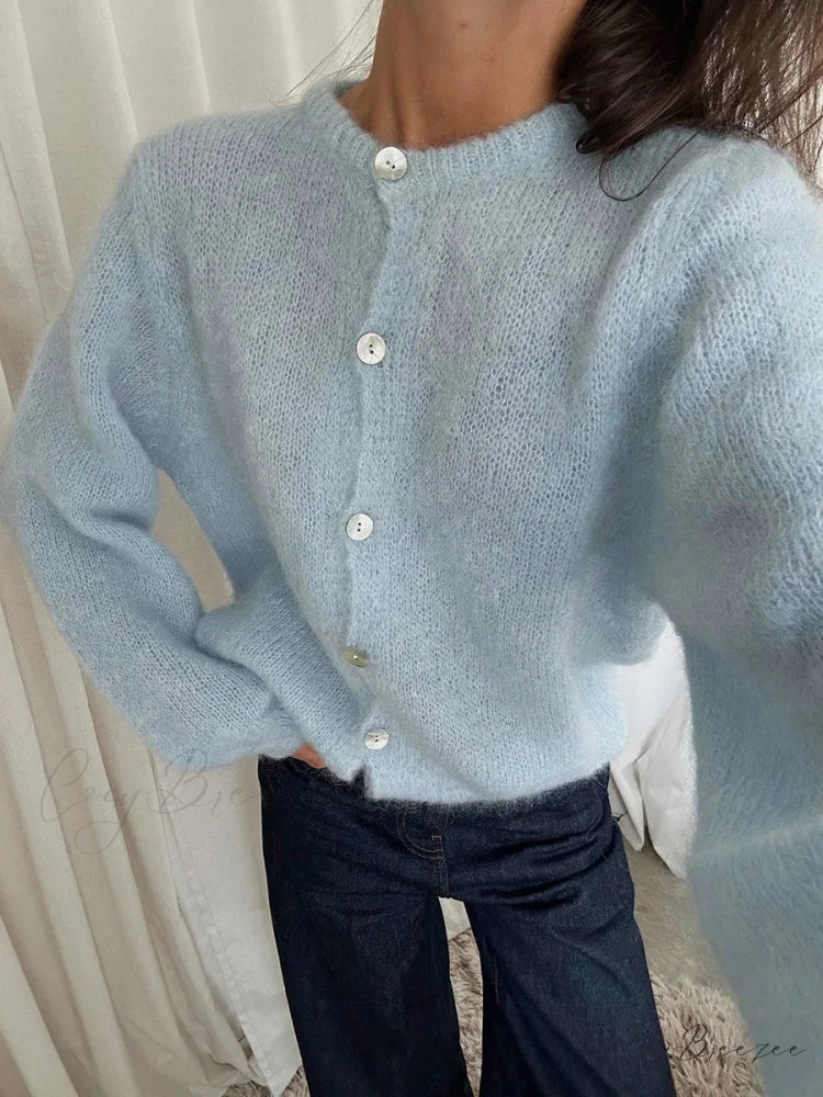 Lightweight Full Sleeve Plain Knit Cardigan blue / S cardigans-241228