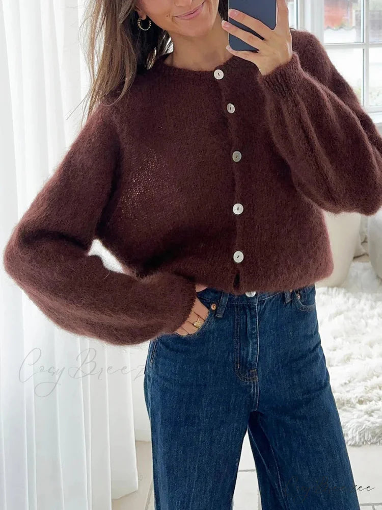 Lightweight Full Sleeve Plain Knit Cardigan brown / S cardigans-241228