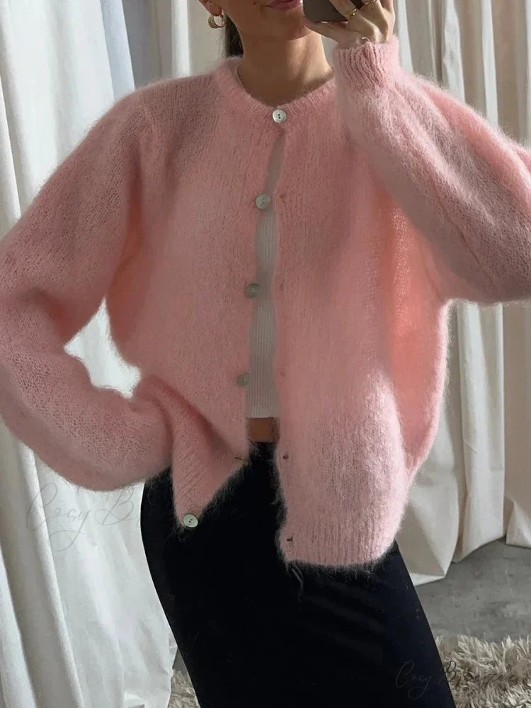 Lightweight Full Sleeve Plain Knit Cardigan pink / S cardigans-241228