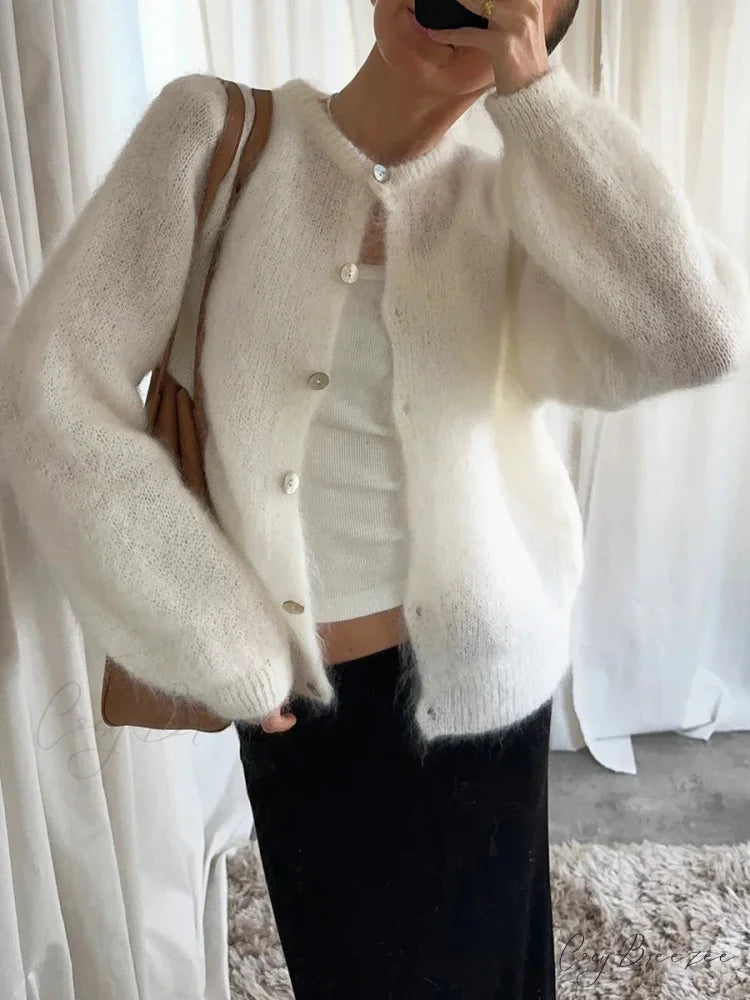 Lightweight Full Sleeve Plain Knit Cardigan white / S cardigans-241228
