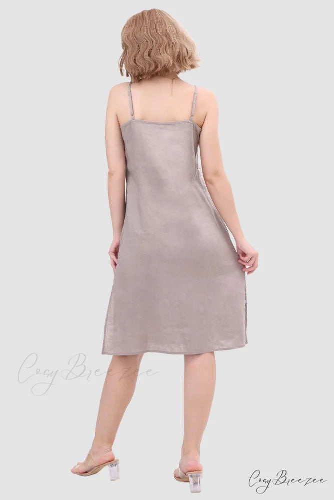 Linen Slip Dress with Daisy Embroidery