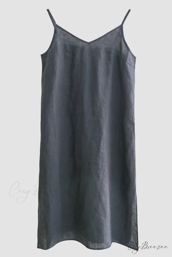 Linen Slip Dress with Daisy Embroidery Grey Blue / S
