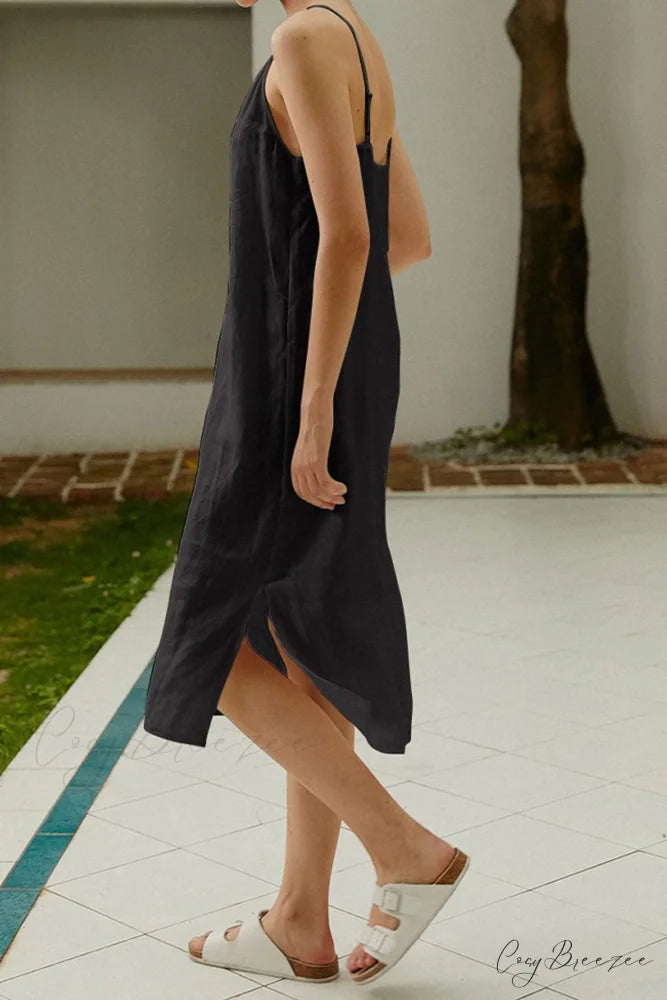 Linen Slip Dress with Daisy Embroidery Grey Blue / XL