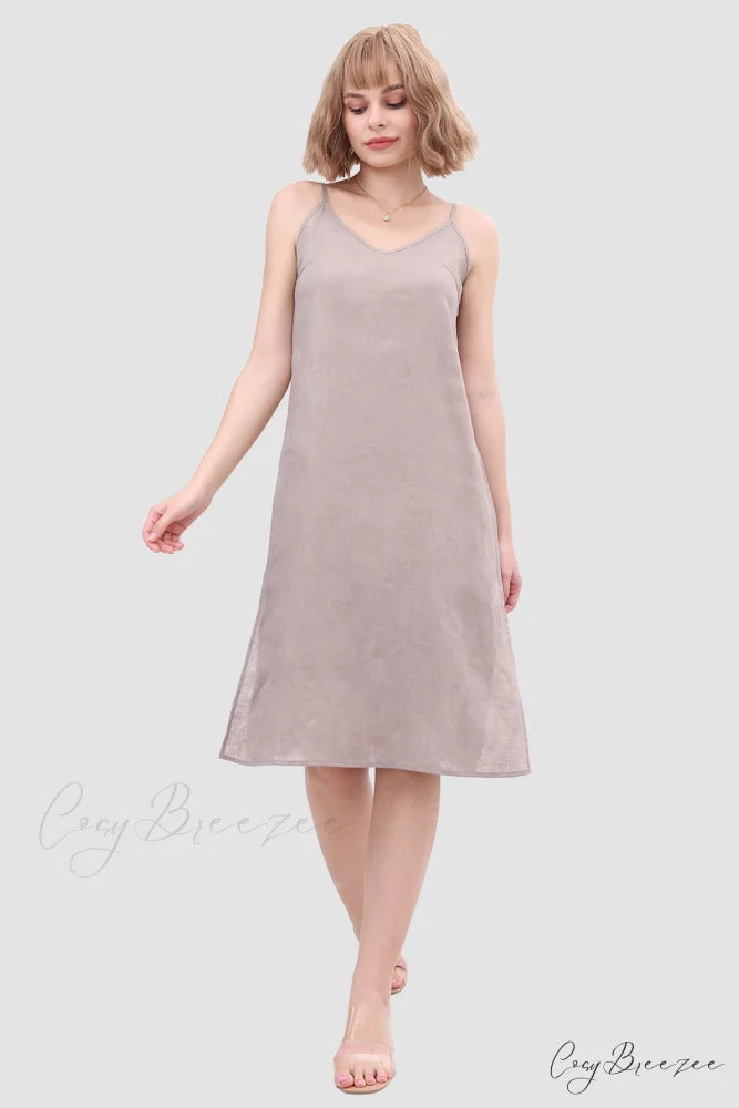 Linen Slip Dress with Daisy Embroidery Grey / L