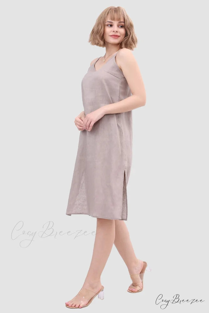 Linen Slip Dress with Daisy Embroidery Grey / M