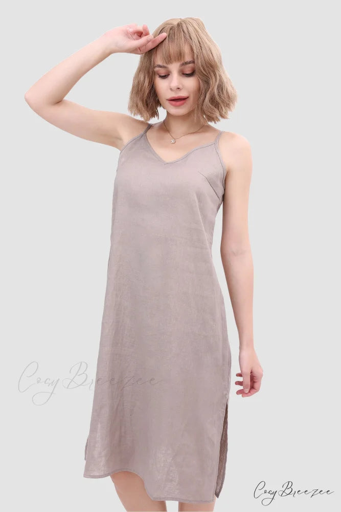 Linen Slip Dress with Daisy Embroidery Grey / XL