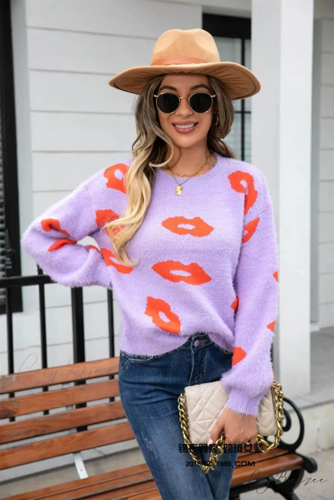 Lip Fur Crochet Work Sweater Purple / S swraters-241228
