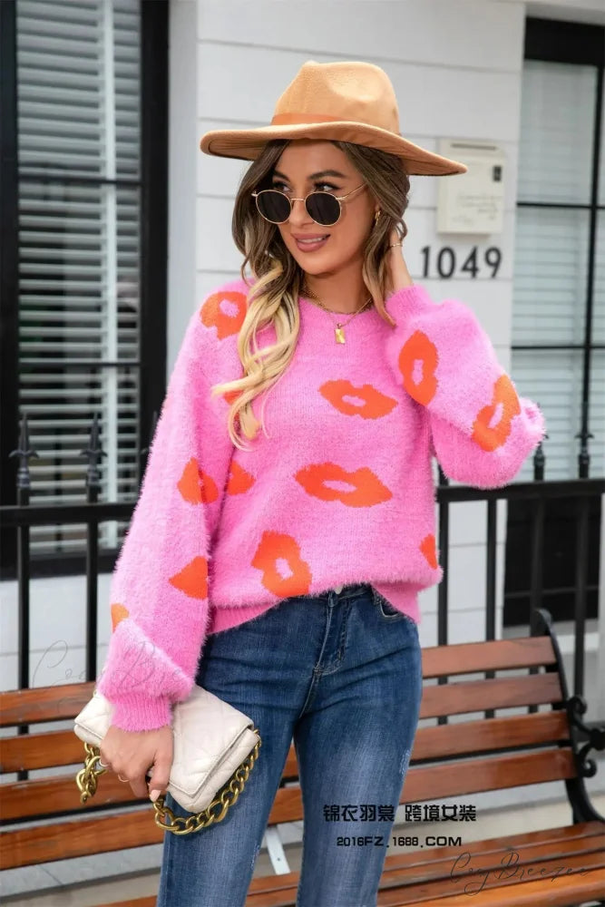 Lip Fur Crochet Work Sweater rose red / S swraters-241228