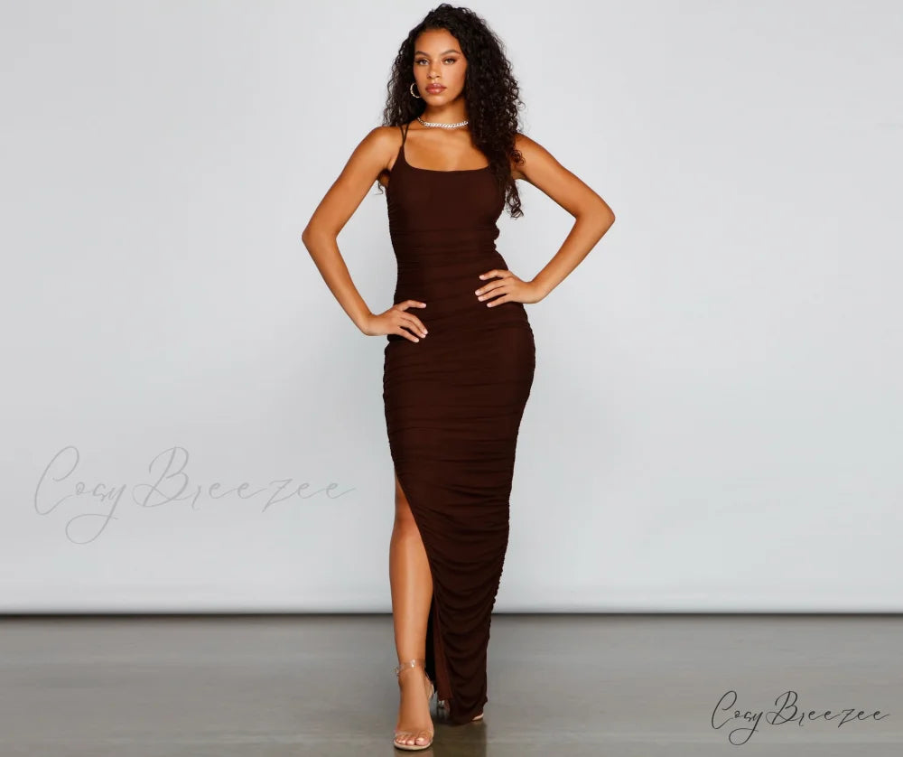 Liza Formal Ruched Charming High Slit Dress BROWN / XS