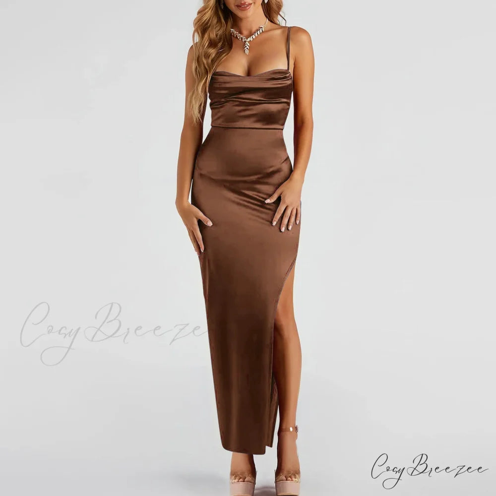 Lola High Slit Charming Satin Dress 2 Brown / S