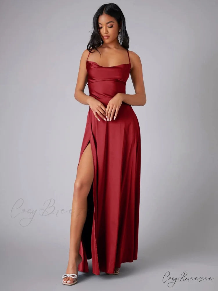 Lola High Stylish Slit Satin Dress BURGUNDY / S