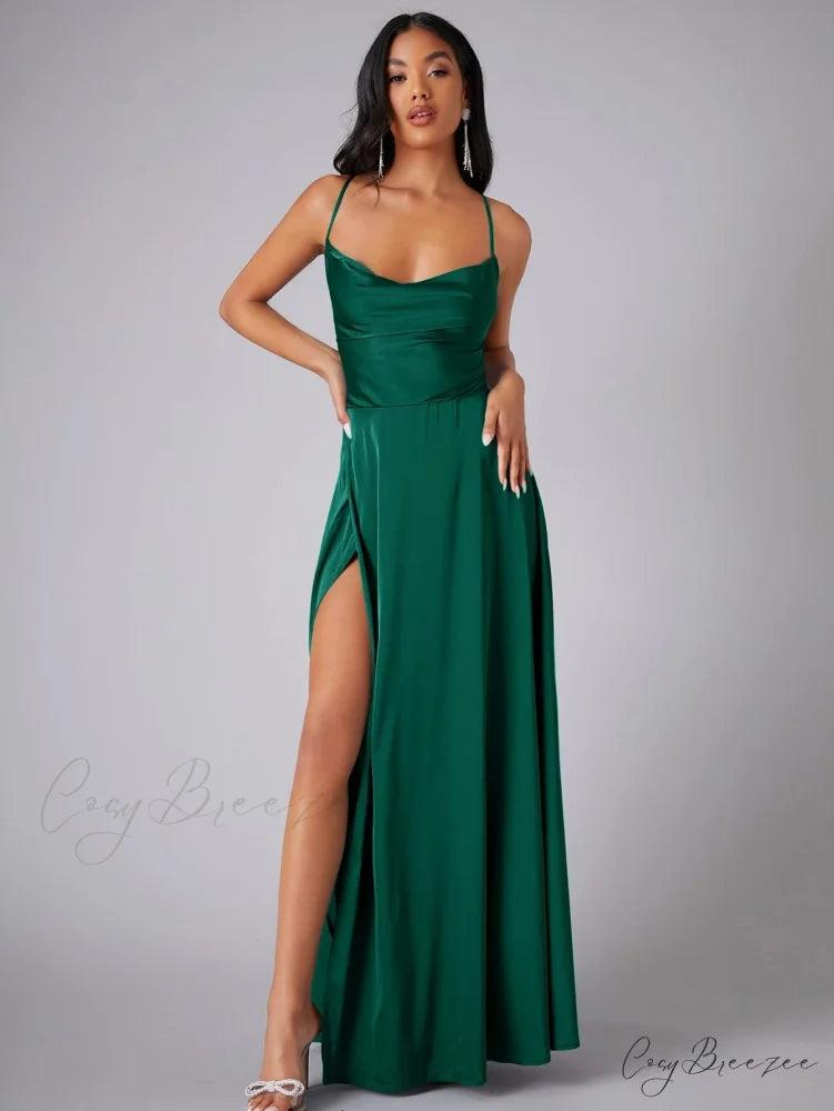 Lola High Stylish Slit Satin Dress HUNTER / S