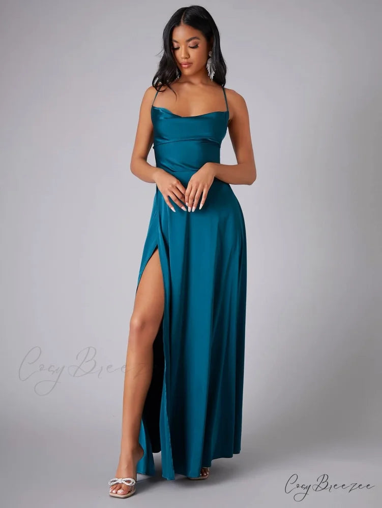 Lola High Stylish Slit Satin Dress NAVY / S