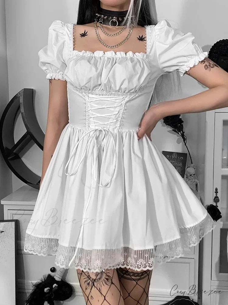 Lolita Black Goth Aesthetic Puff Sleeve High Waist Mini Vintage Lace Trim Bandage Corset Dress White / S