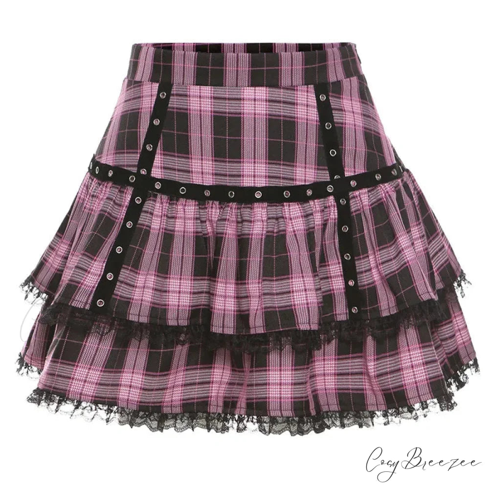 Lolita Cake Gothic Japanese Harajuku Purple Pink Plaid Pleated Skirt PURPLE / S