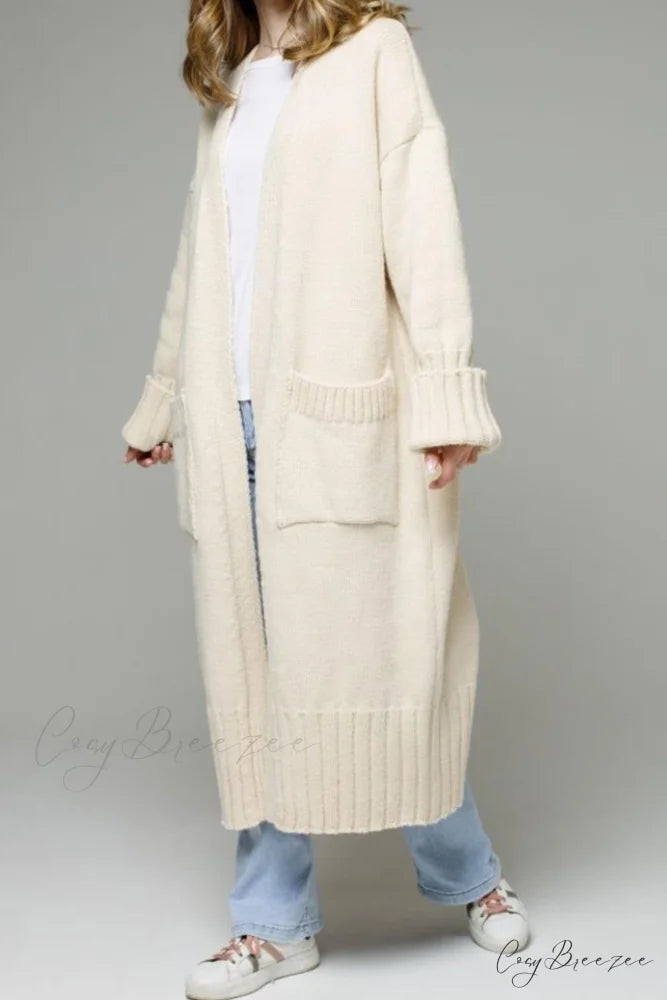 Long Cardigan with Open Front and Pockets Beige / L