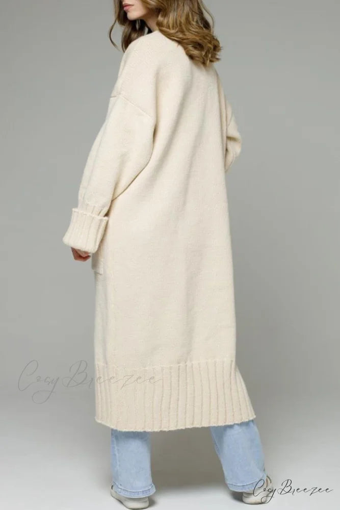 Long Cardigan with Open Front and Pockets Beige / M