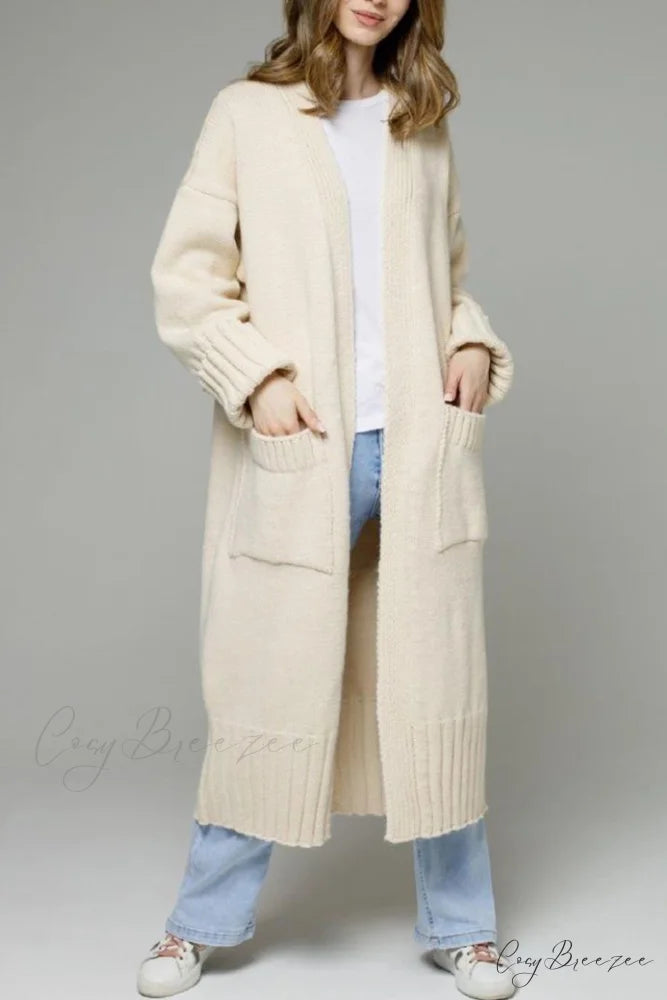 Long Cardigan with Open Front and Pockets Beige / S
