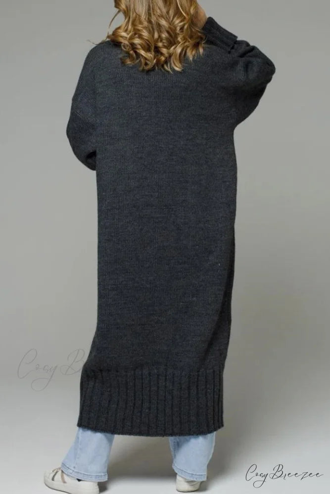 Long Cardigan with Open Front and Pockets Dark Grey / XL