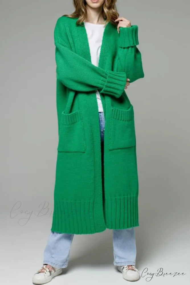 Long Cardigan with Open Front and Pockets Green / L