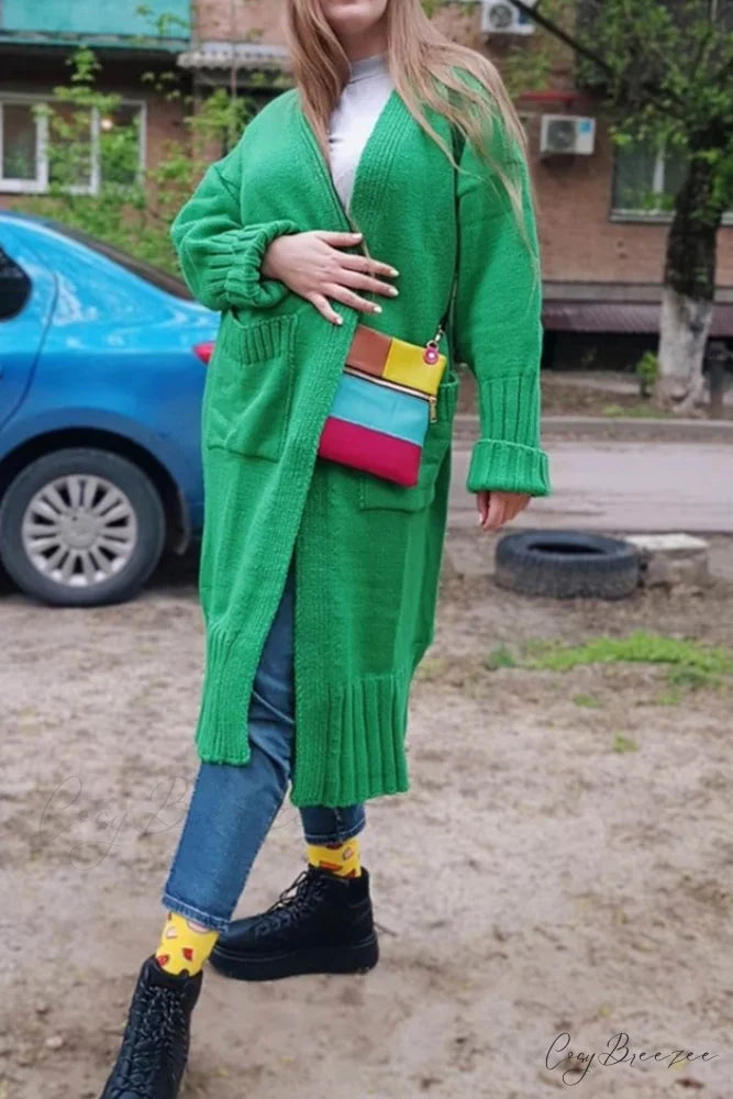 Long Cardigan with Open Front and Pockets Green / S