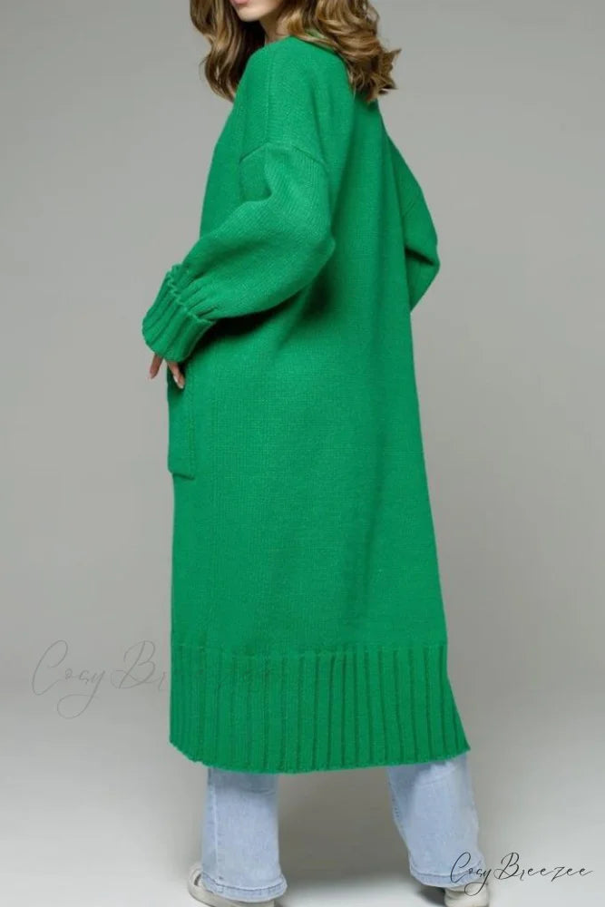 Long Cardigan with Open Front and Pockets Green / XL