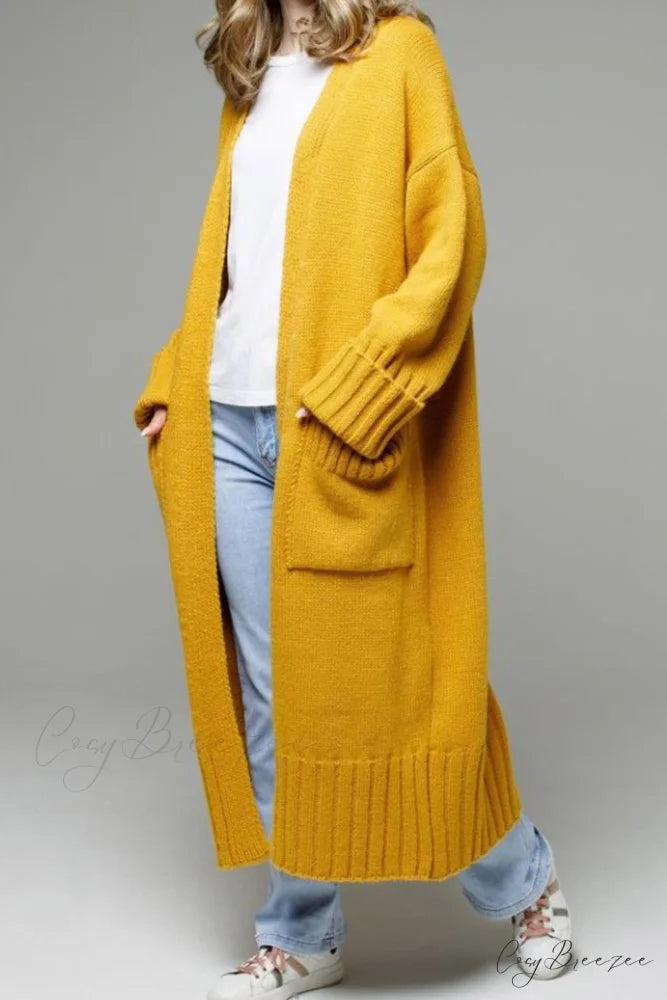 Long Cardigan with Open Front and Pockets Yellow / S