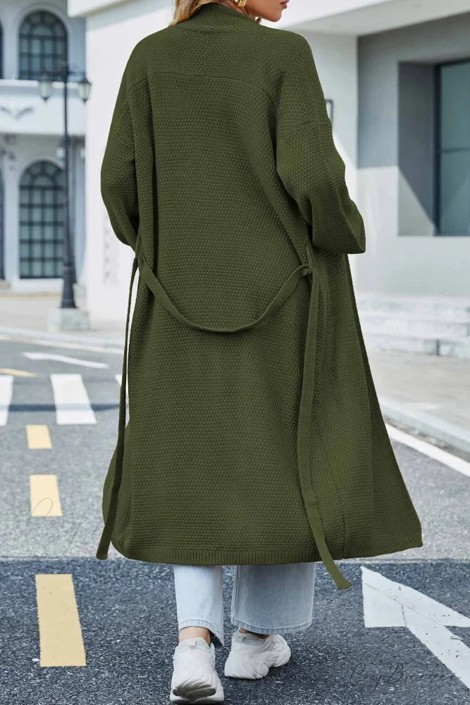 Long Cardigan with Open Front and Tie-waist Green / L
