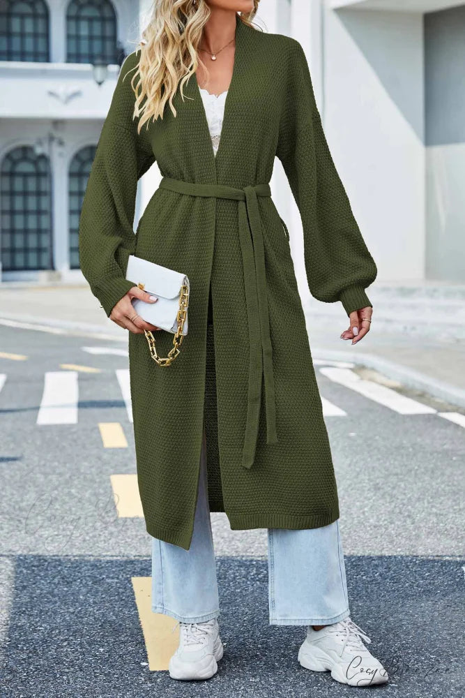 Long Cardigan with Open Front and Tie-waist Green / S