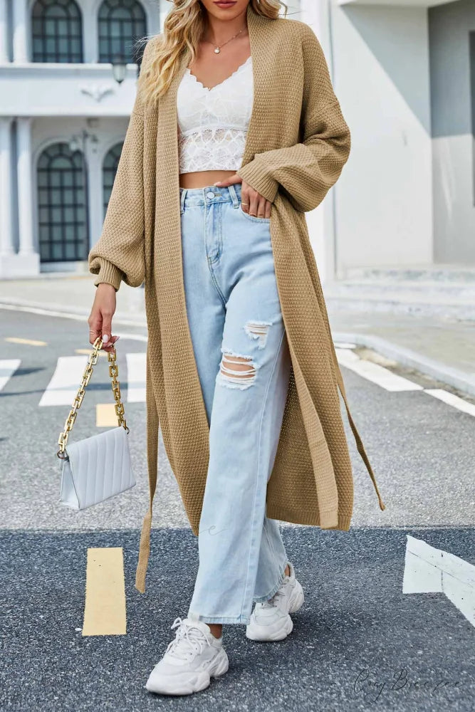 Long Cardigan with Open Front and Tie-waist Khaki / S