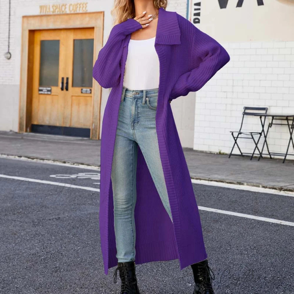 Long Colour Solid Cardigan Purple / S
