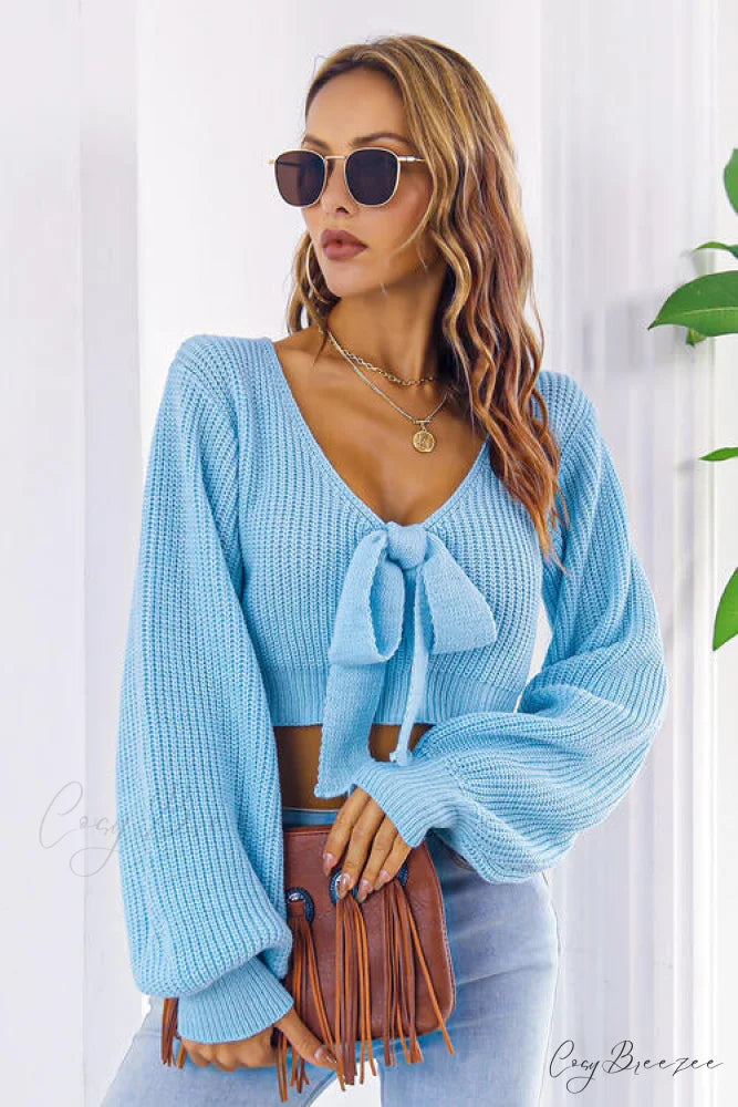 Long Cropped V-Neck Arm Sweater