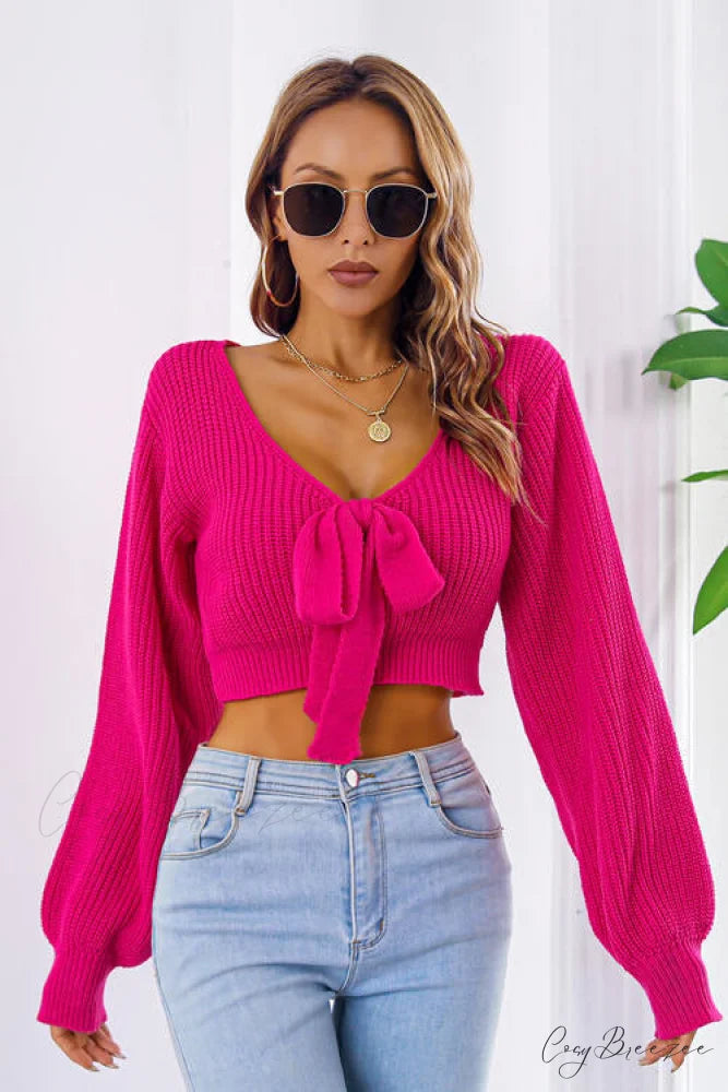 Long Cropped V-Neck Arm Sweater