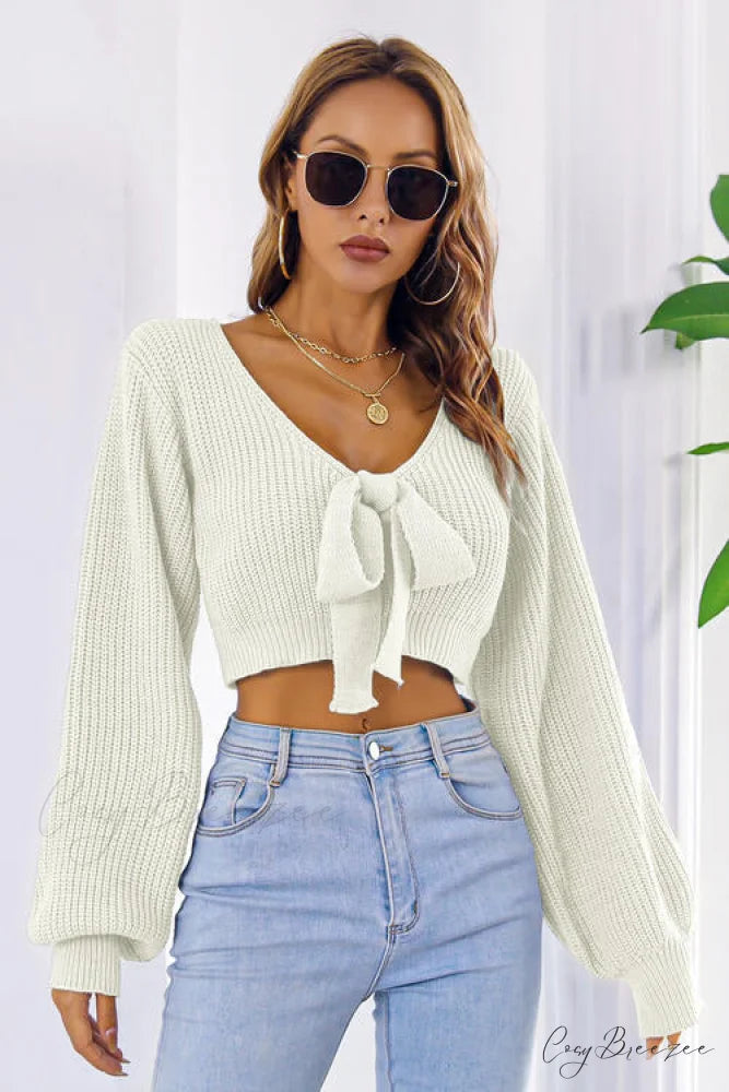 Long Cropped V-Neck Arm Sweater