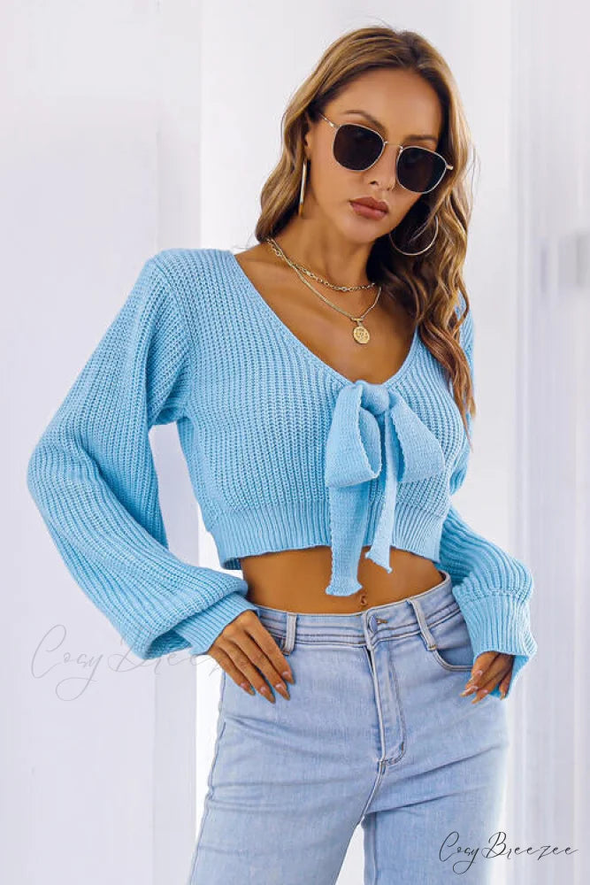 Long Cropped V-Neck Arm Sweater