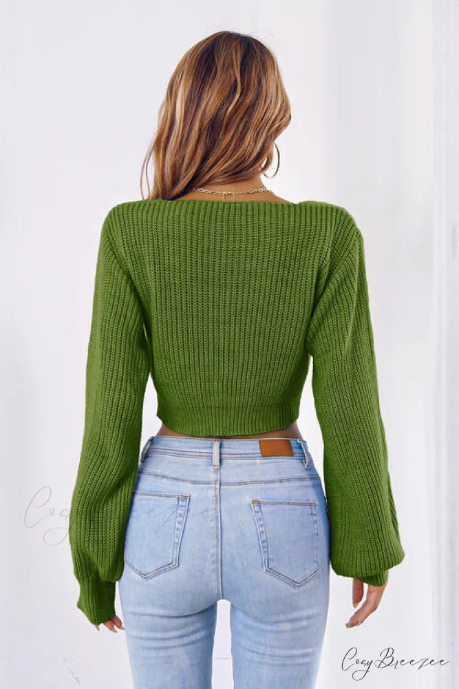 Long Cropped V-Neck Arm Sweater