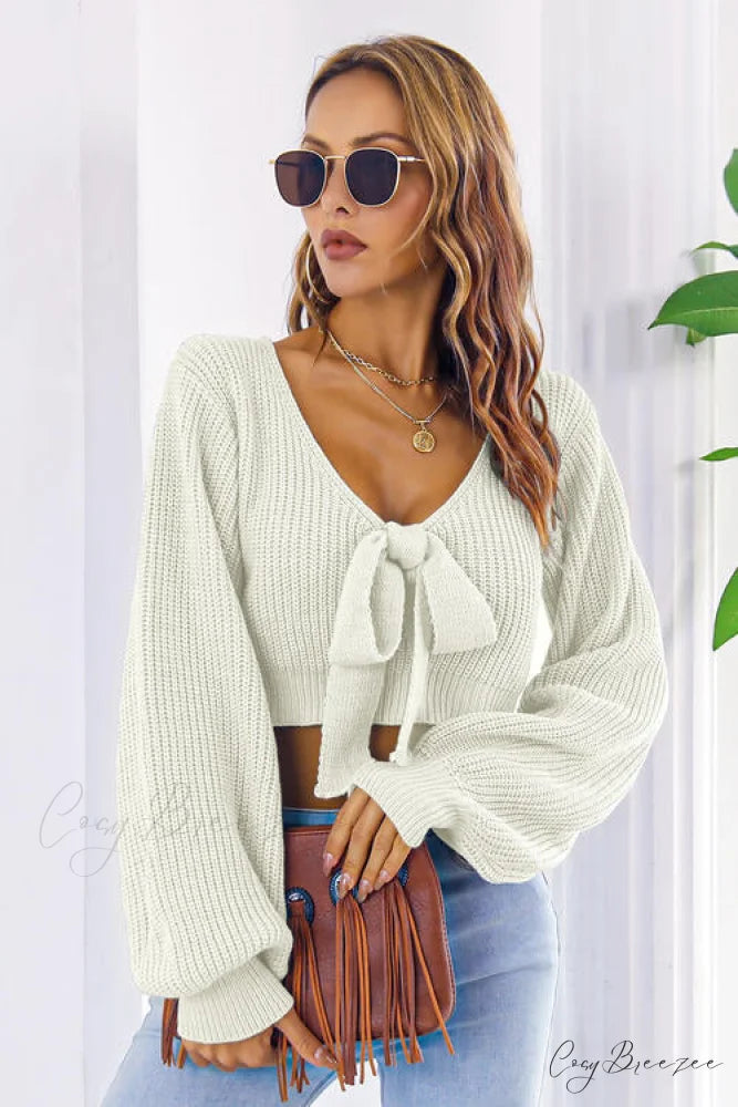 Long Cropped V-Neck Arm Sweater