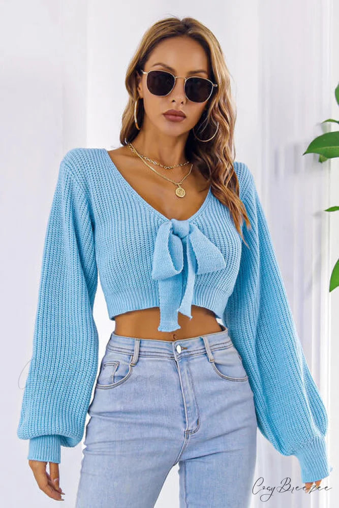 Long Cropped V-Neck Arm Sweater Pastel Blue / S