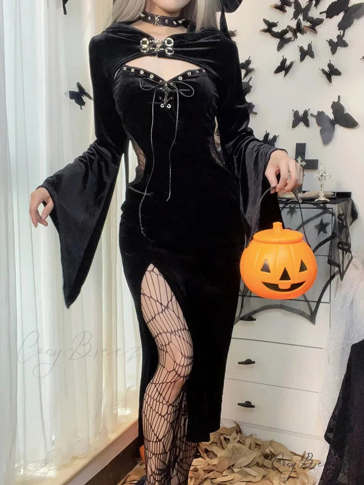 Long Dress Suit With Hat See Through Velvet Lace Cutout High Slit Long Sleeve Button Lace-up Party Dress Black / S