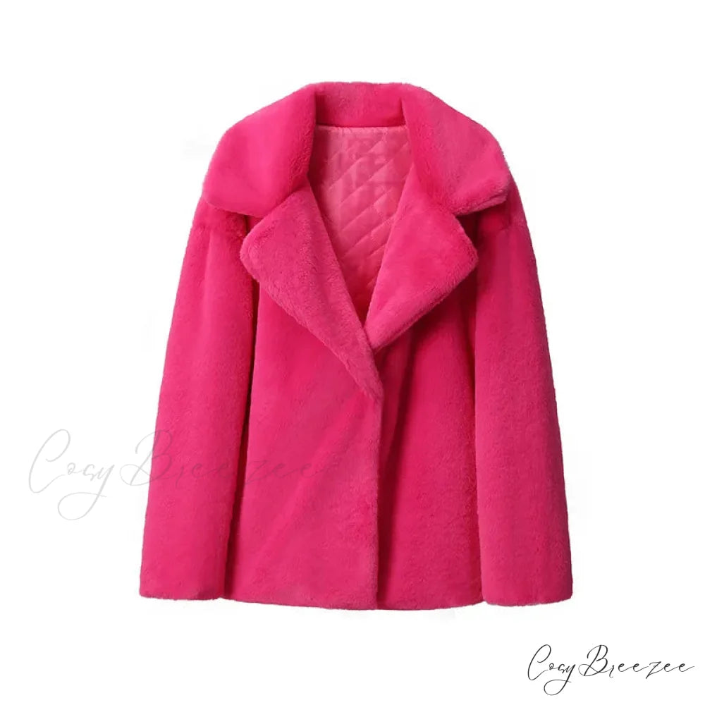 Long Faux Stylish Fur Coat rose fur coat / S