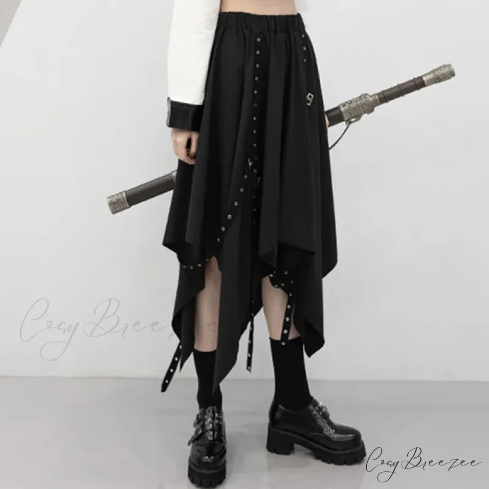 Long Irregular Dark Tie Street Wind Weave Buckle Y2k Skirt BLACK / One size