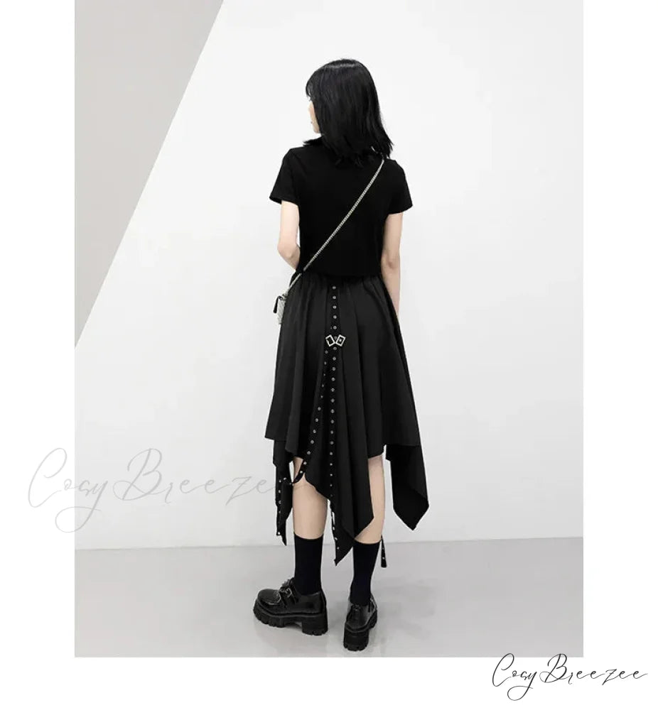 Long Irregular Dark Tie Street Wind Weave Buckle Y2k Skirt BLACK / One size