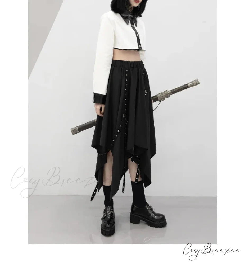 Long Irregular Dark Tie Street Wind Weave Buckle Y2k Skirt BLACK / One size